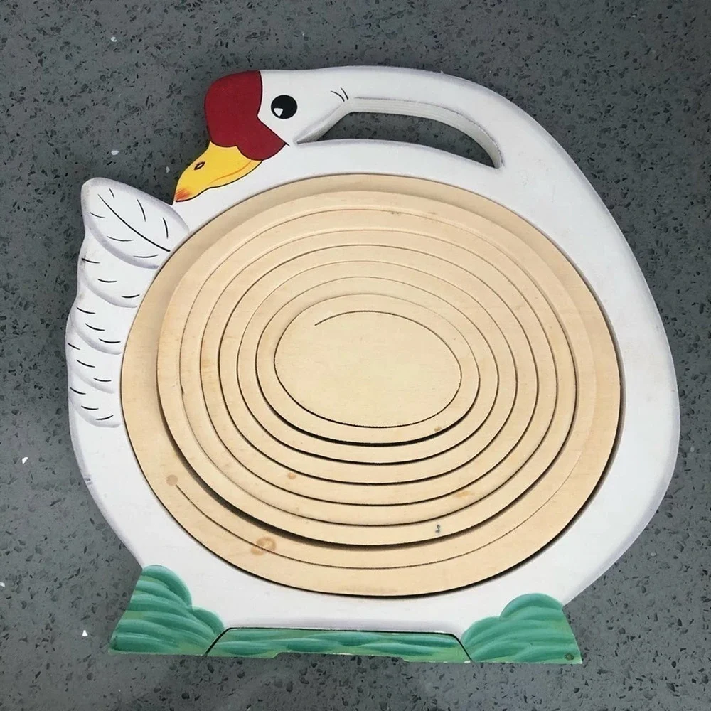Vintage Collapsible Wood Goose Fruit Basket Spiral Folding Trivet Kitchen Decor